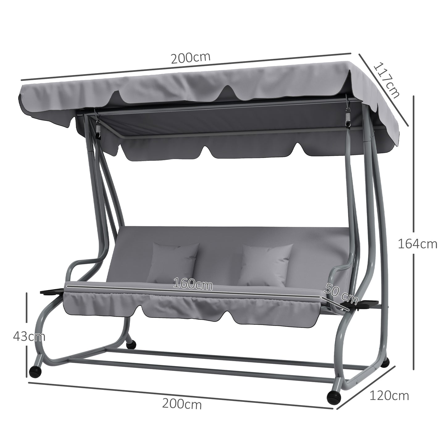 Hollywoodschaukel, 3-Sitzer, Belastung 340kg, mit Liegefunktion, verstellbarem Dach, klappbarem Beistelltisch, Outsunny, 3