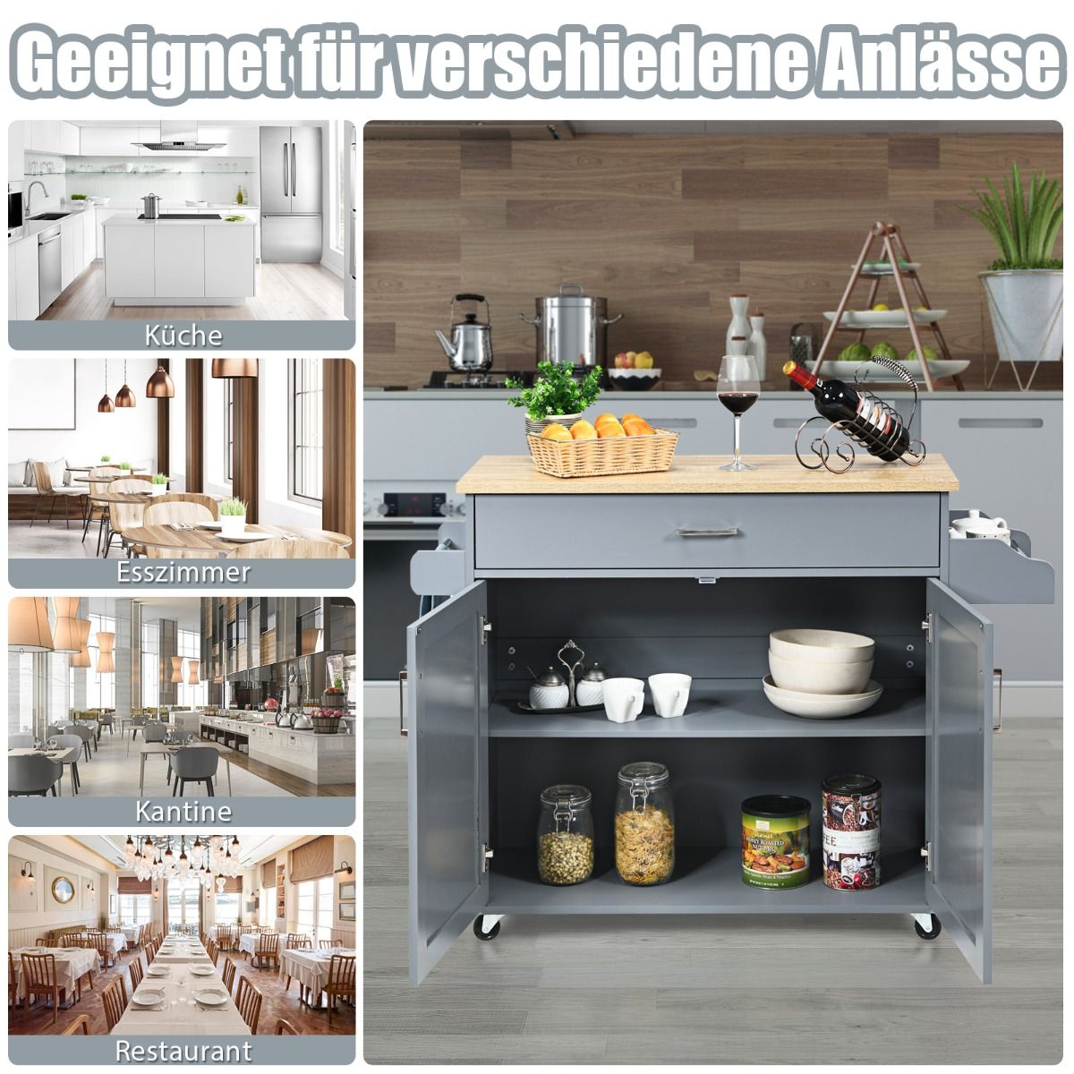 Kücheninsel, Küchenwagen mit arbeitsplatte, Kücheninsel-Wagen rollender Aufbewahrungswagen großer Schrank, Grau Natur, Costway, 6