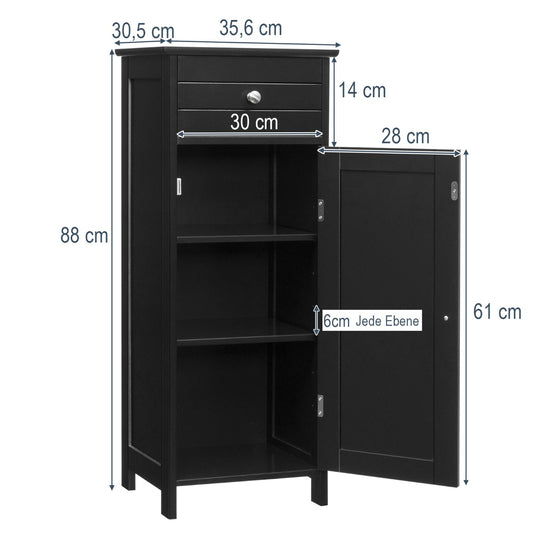 Costway Badezimmer-Bodenschrank freistehender Schrank mit 1 großen Schublade & 2 verstellbaren Regale Schwarz
