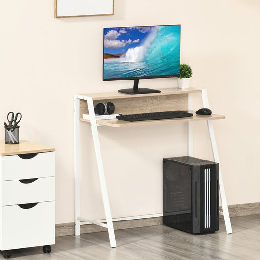 HOMCOM - Schreibtisch Moderner Computertisch mit Ablagefach & Kabeldurchlass, Metallgestell, Weiß+Eiche, 84x45x85cm