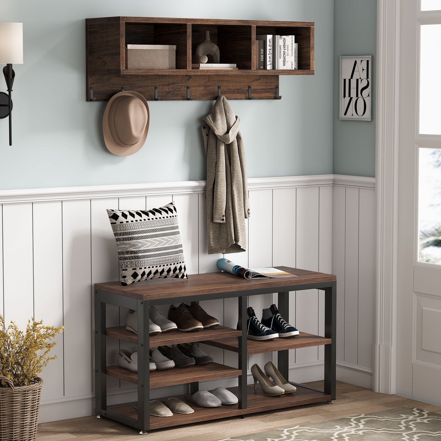 Garderobenständer, Garderobe Flur, Garderobe mit Sitzbank, Kleiderständer Holz, Garderobenständer Holz