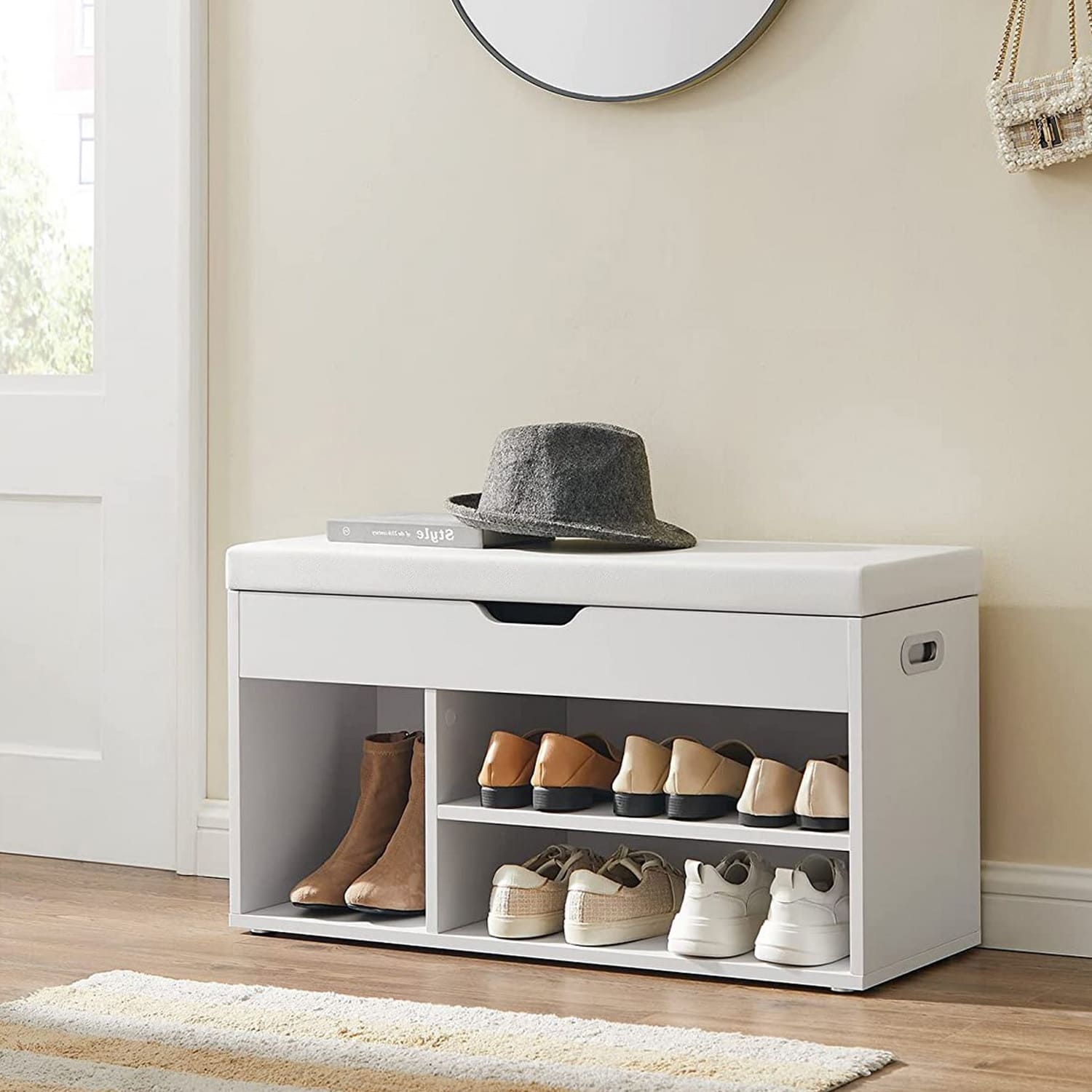 Schuhregal mit Sitzbank, Schuhsitzbank, Sitzbank Schuhregal, Schuhregal zum Sitzen