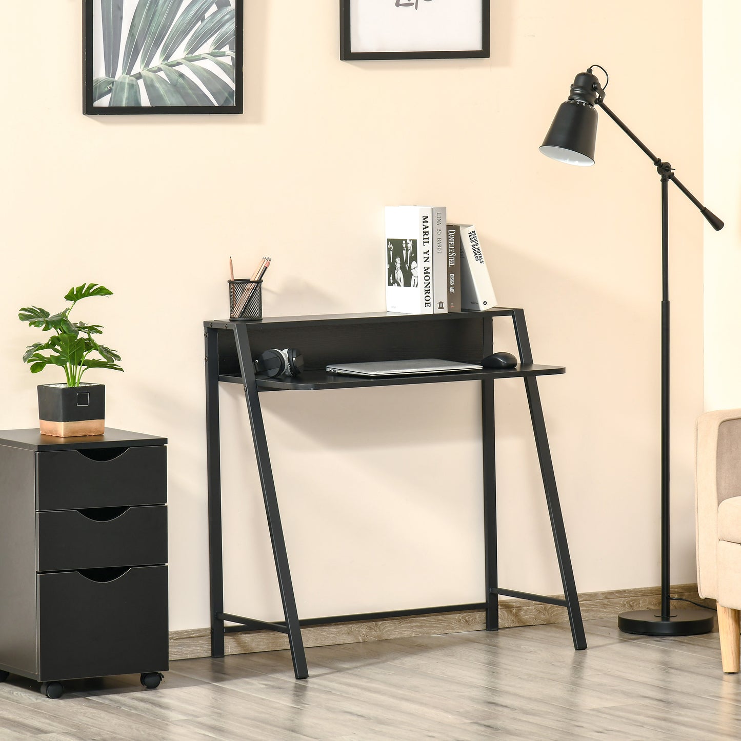 HOMCOM - Computertisch Stilvoller Schreibtisch mit Ablage & Kabelmanagement, Metall, Schwarz, 84x45x85cm