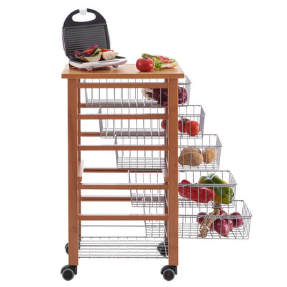ARIT - Küchenwagen mit arbeitsplatte OLIVER, Küchenrollwagen, Rollwagen küche 5 Schiebekörbe, Küchenwagen holz, Kirsche, 1