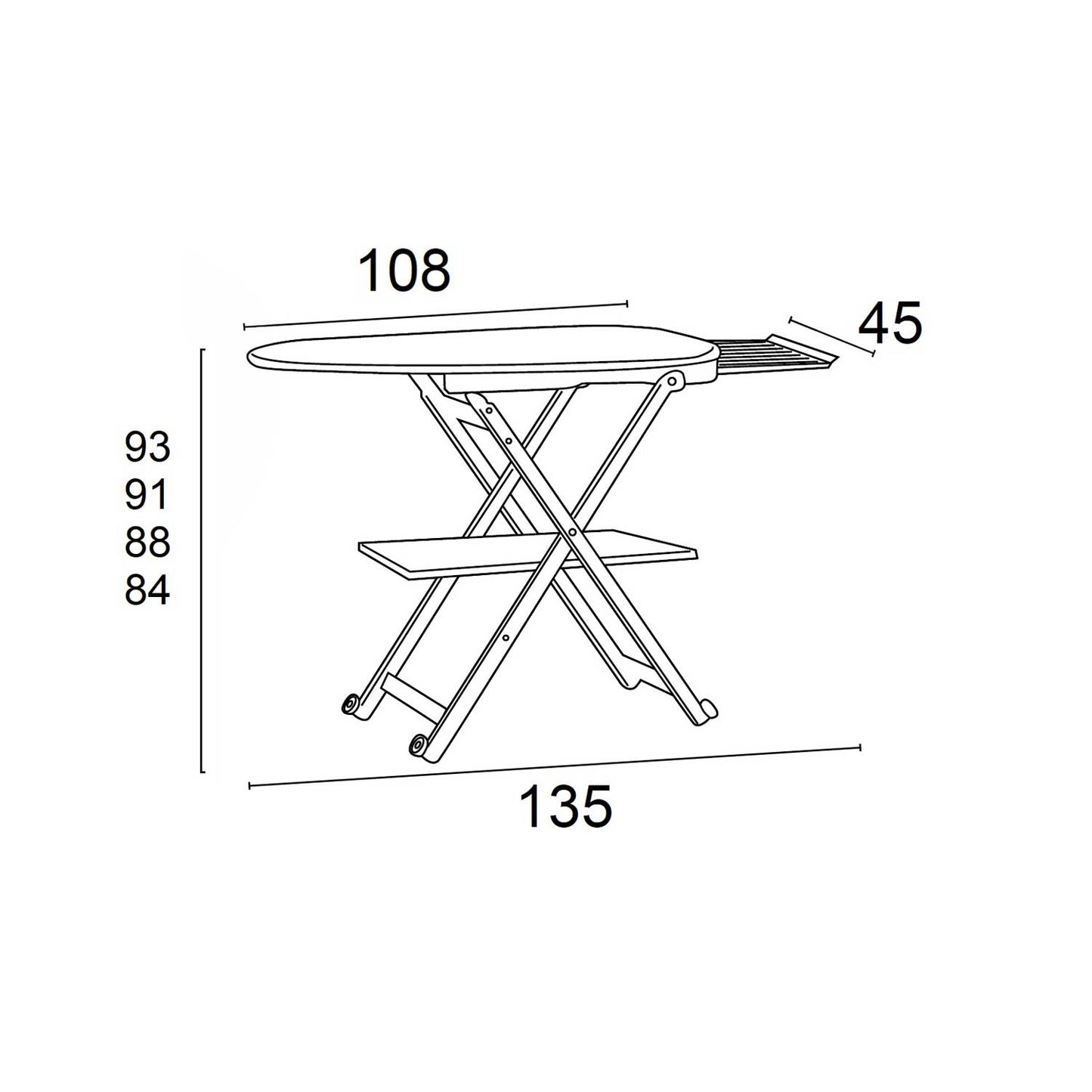 Bügeltisch STIROCOMODO, höhenverstellbar: 84-88-91-93 cm, Räder an der Basis, verschiebbarer Bügeleisenhalter - Farbe Kirschbaum, 5