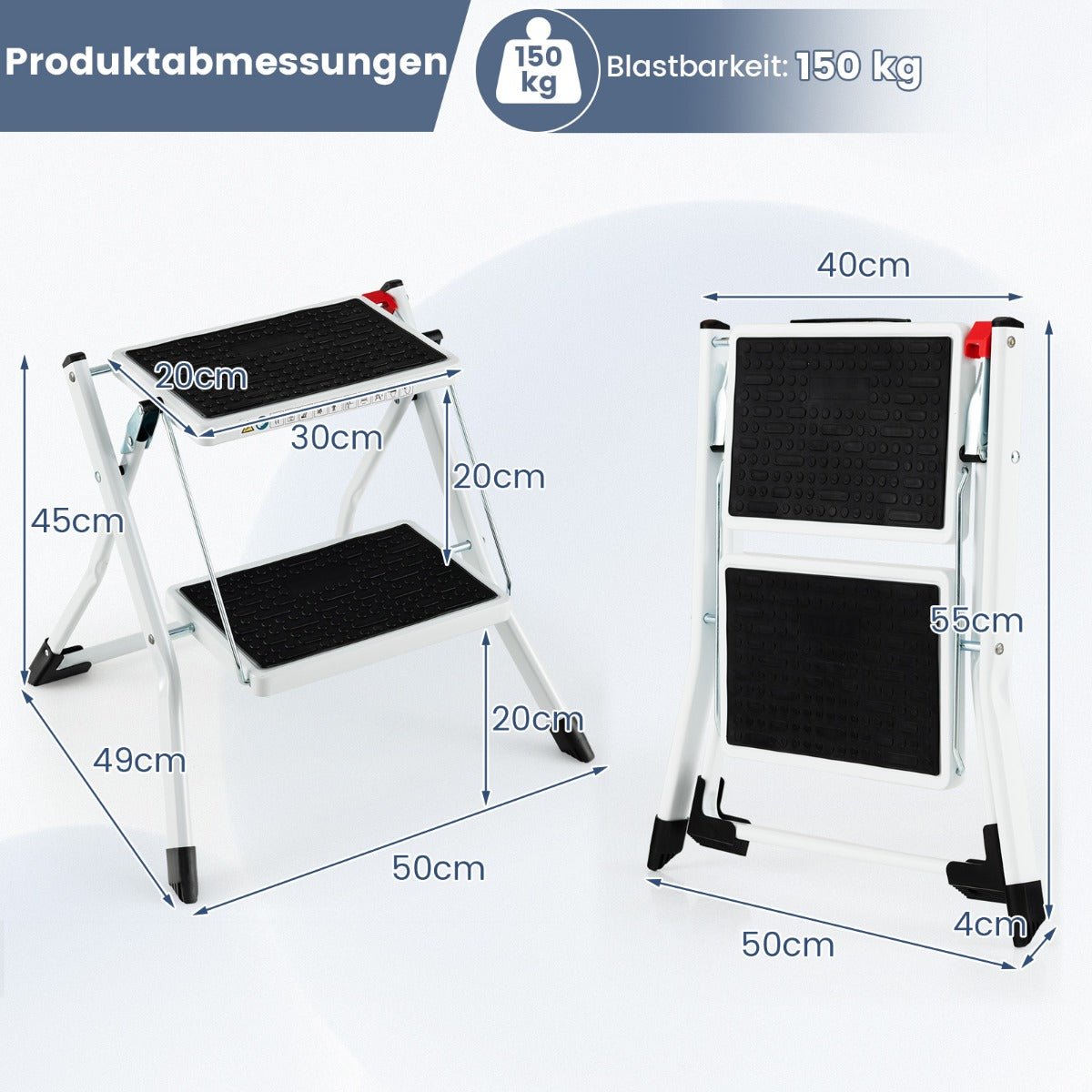 Stehleiter, Trittleiter 2 Stufen, Stehleiter 2 Stufen, Trittleiter Klappbar 20 cm Breit bis 150 kg Belastbar, Castway, 2
