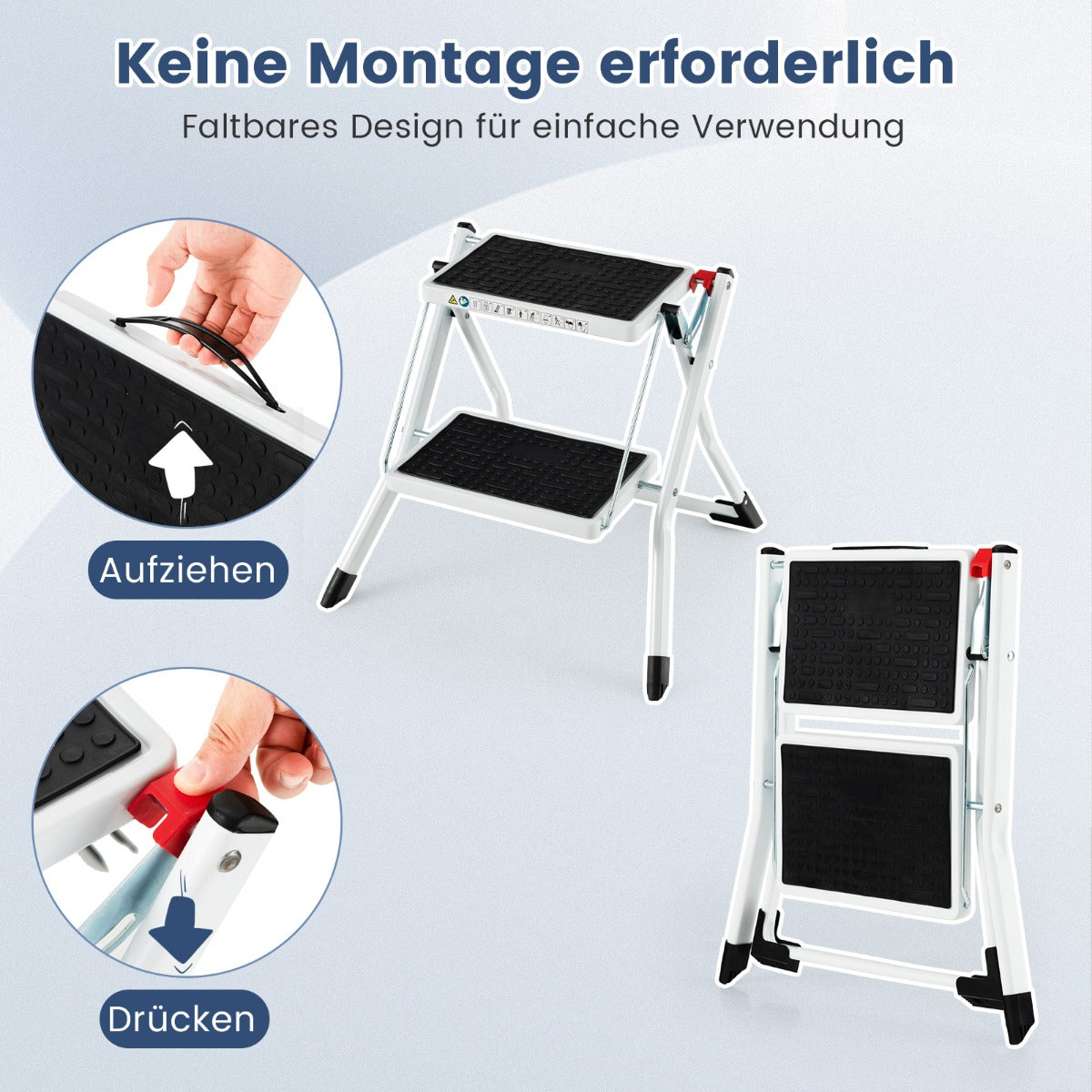 Stehleiter, Trittleiter 2 Stufen, Stehleiter 2 Stufen, Trittleiter Klappbar 20 cm Breit bis 150 kg Belastbar, Castway, 3