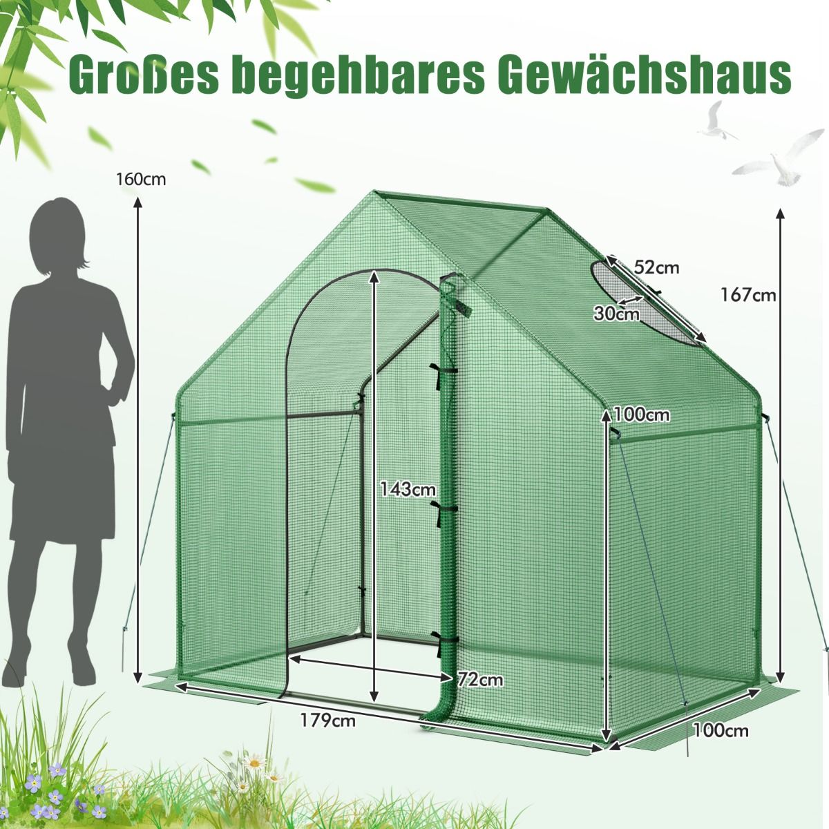 Foliengewächshaus, Gewächshaus groß, Begehbarer Gewächshaus mit PE-Abdeckung & Roll-Up Reißverschluss-Tür & Fenster, 179x100x167 cm, Grün, Costway, 3