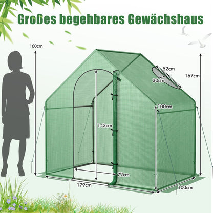 Foliengewächshaus, Gewächshaus groß, Begehbarer Gewächshaus mit PE-Abdeckung & Roll-Up Reißverschluss-Tür & Fenster, 179x100x167 cm, Grün, Costway, 3