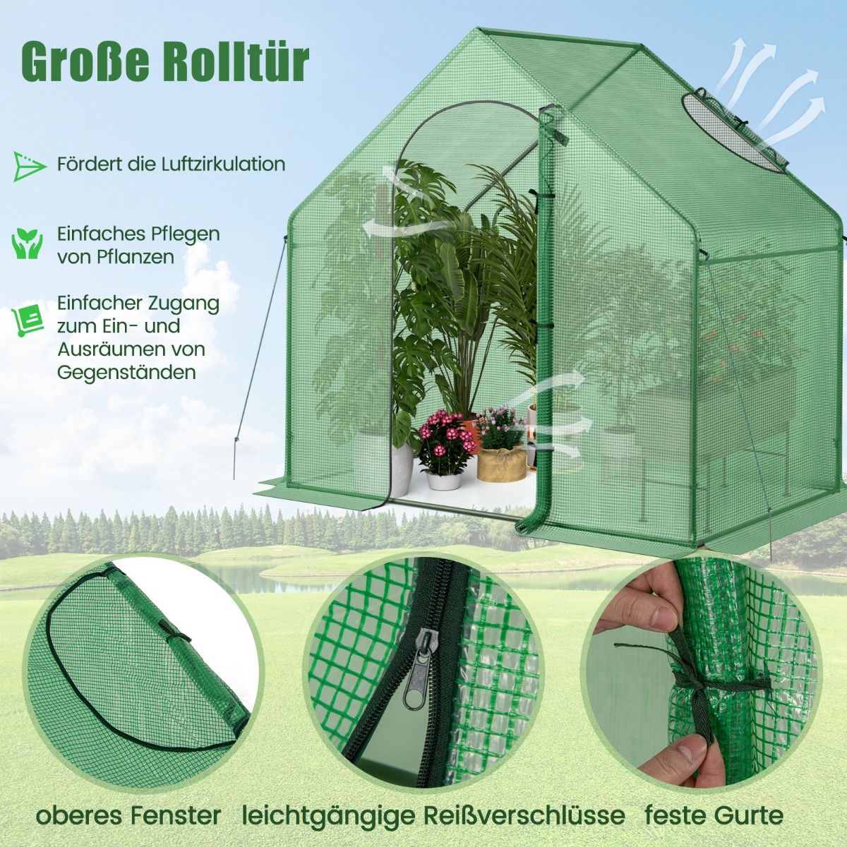 Foliengewächshaus, Gewächshaus groß, Begehbarer Gewächshaus mit PE-Abdeckung & Roll-Up Reißverschluss-Tür & Fenster, 179x100x167 cm, Grün, Costway, 7