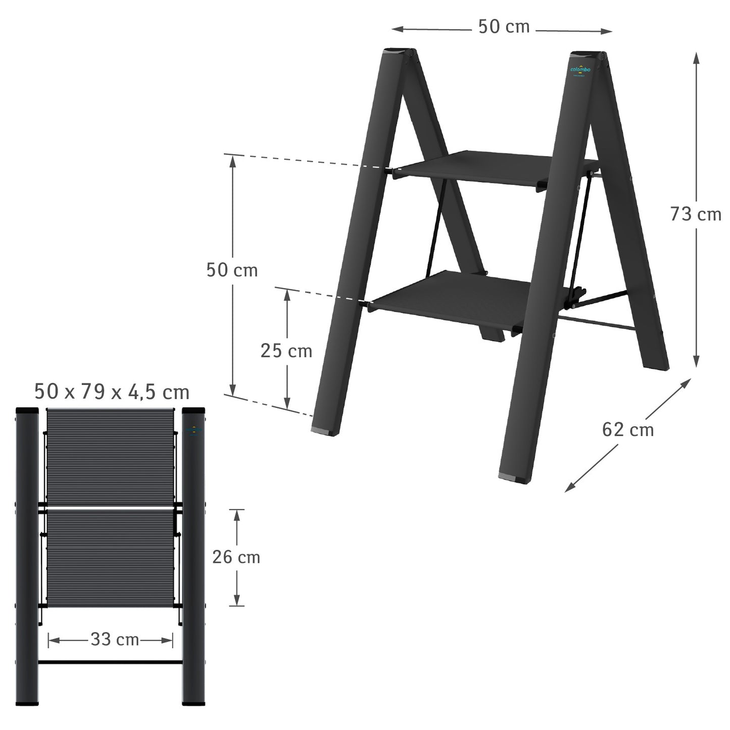 Trittleiter, Trittleiter mit 2 Stufen, bis 150 kg Belastung, aus robustem, rostfreiem Aluminium, Schwarz, Colombo Leonardo 2