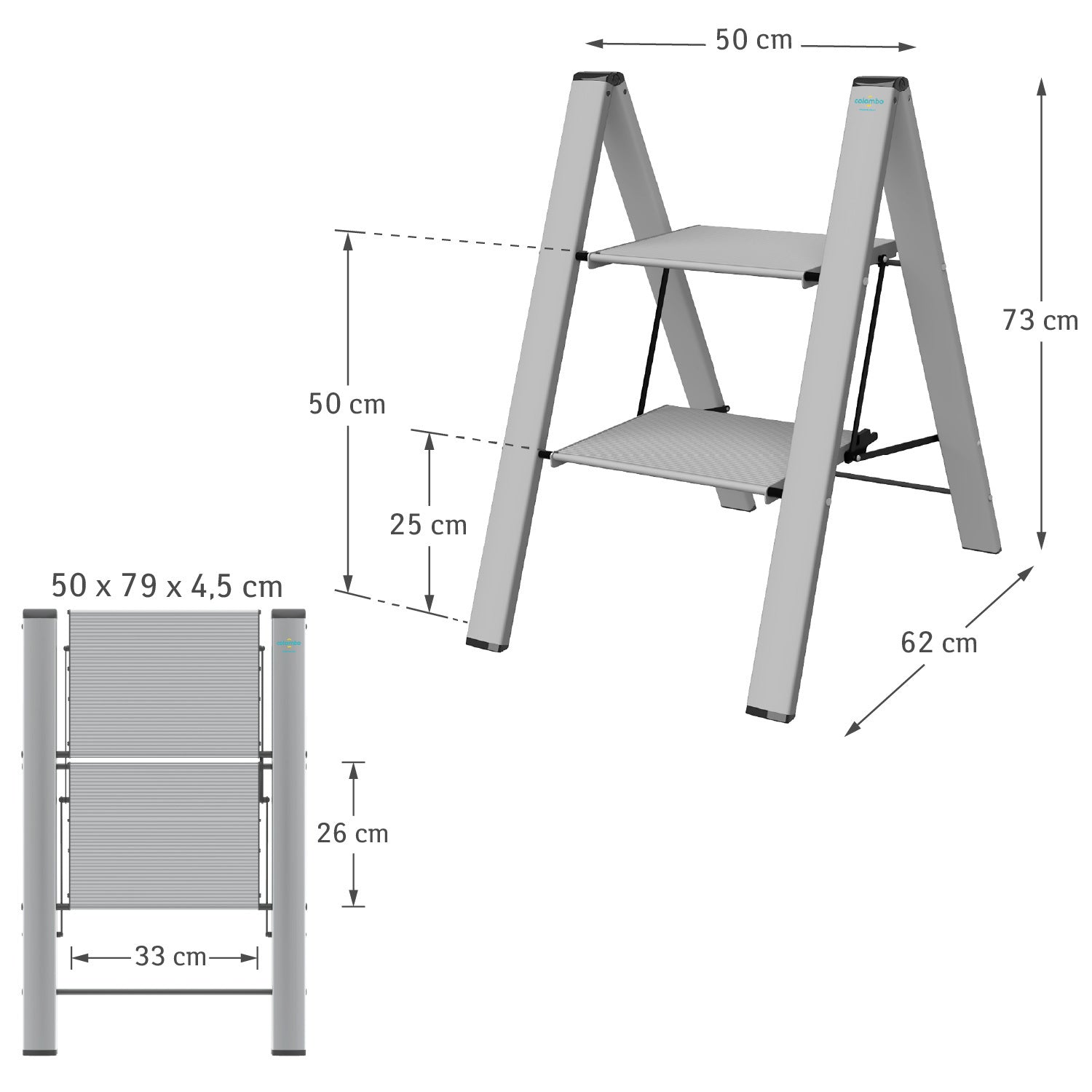 Trittleiter, Trittleiter mit 2 Stufen, bis 150 kg Belastung, aus robustem, rostfreiem Aluminium, Colombo Leonardo 2