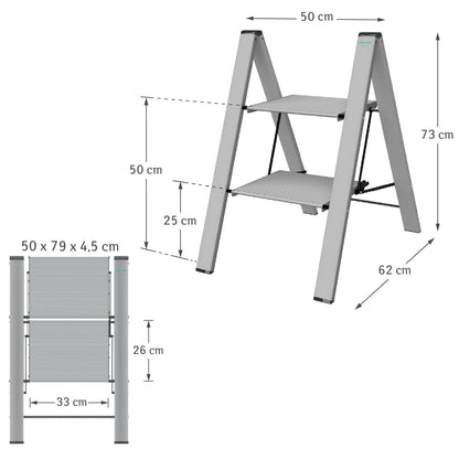 Trittleiter, Trittleiter mit 2 Stufen, bis 150 kg Belastung, aus robustem, rostfreiem Aluminium, Colombo Leonardo 2