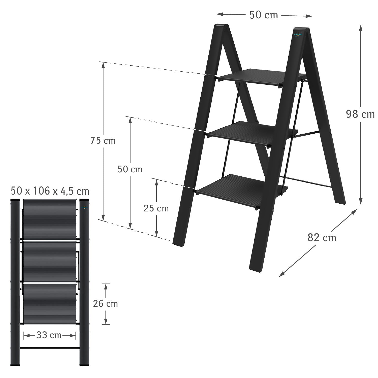 Trittleiter, Trittleiter mit 3 Stufen, bis 150 kg Belastung, aus robustem, rostfreiem Aluminium, Schwarz, Colombo Leonardo 3