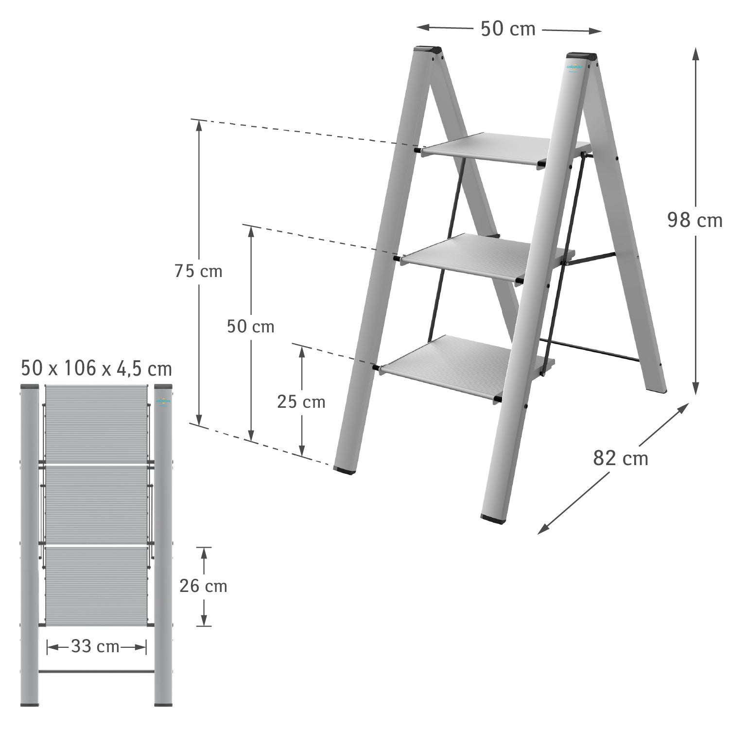 Trittleiter, Trittleiter mit 3 Stufen, bis 150 kg Belastung, aus robustem, rostfreiem Aluminium, Colombo Leonardo 3