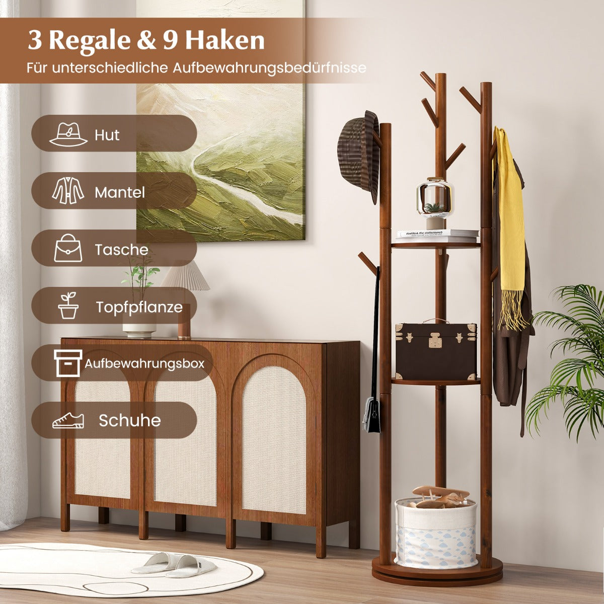 Garderobenständer, Kleiderständer Holz, Garderobenständer Holz, Drehbarer, mit 3 Ablagefächern & 9 Haken, Costway, 2