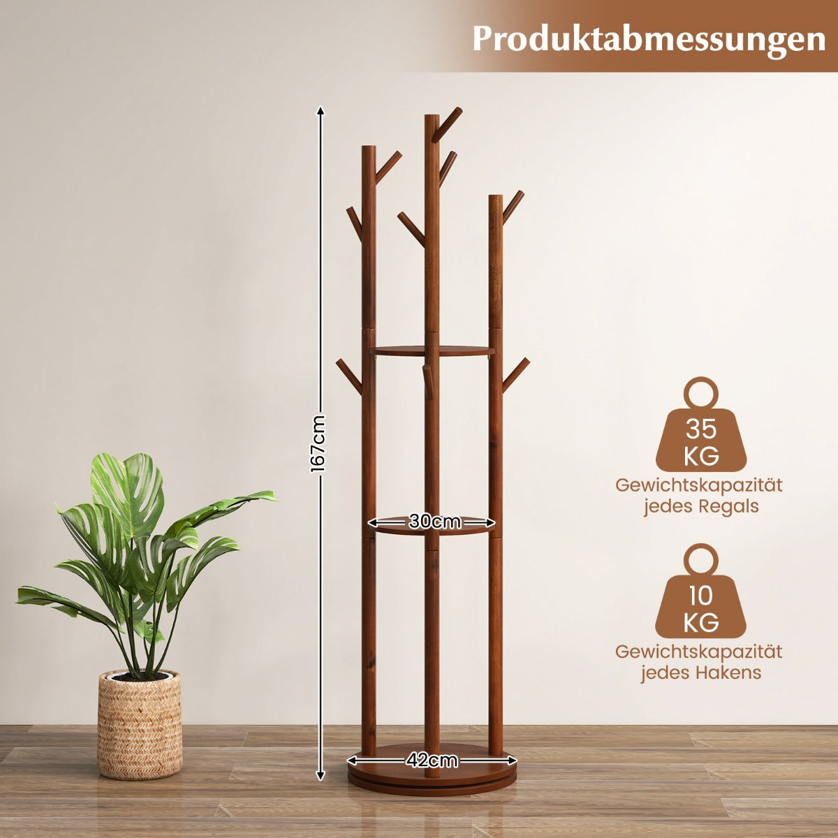 Garderobenständer, Kleiderständer Holz, Garderobenständer Holz, Drehbarer, mit 3 Ablagefächern & 9 Haken, Costway, 4