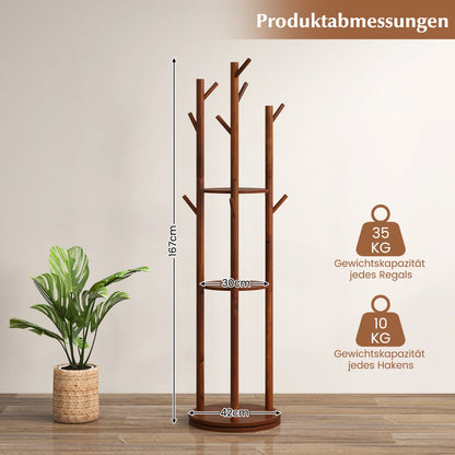Garderobenständer, Kleiderständer Holz, Garderobenständer Holz, Drehbarer, mit 3 Ablagefächern & 9 Haken, Costway, 4