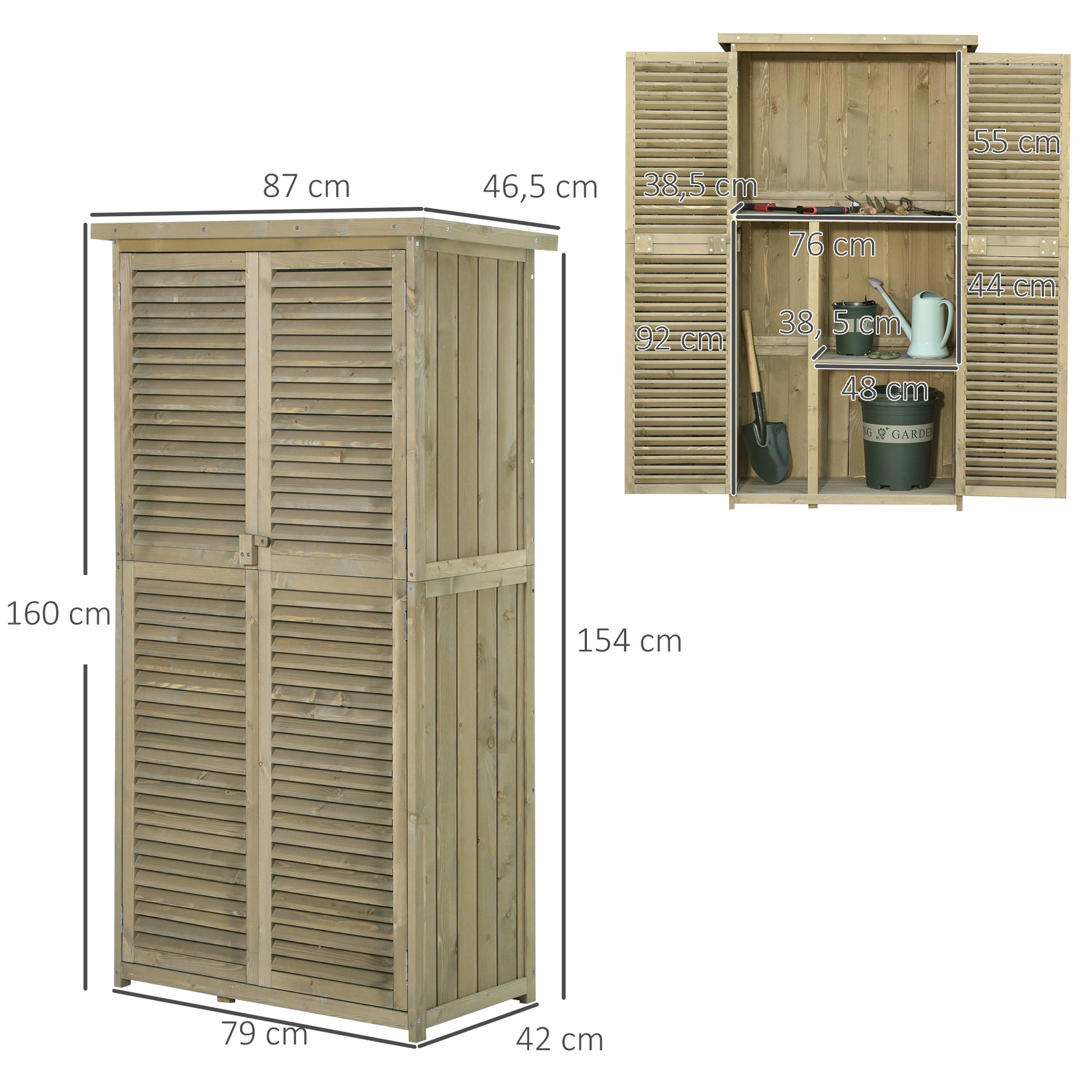Gartenschrank Wetterfest, Gartenschrank Holz, Geräteschuppen, Gerätehaus mit Asphaltdach, Lamellentür, 4 Fächer, Outsunny, 8