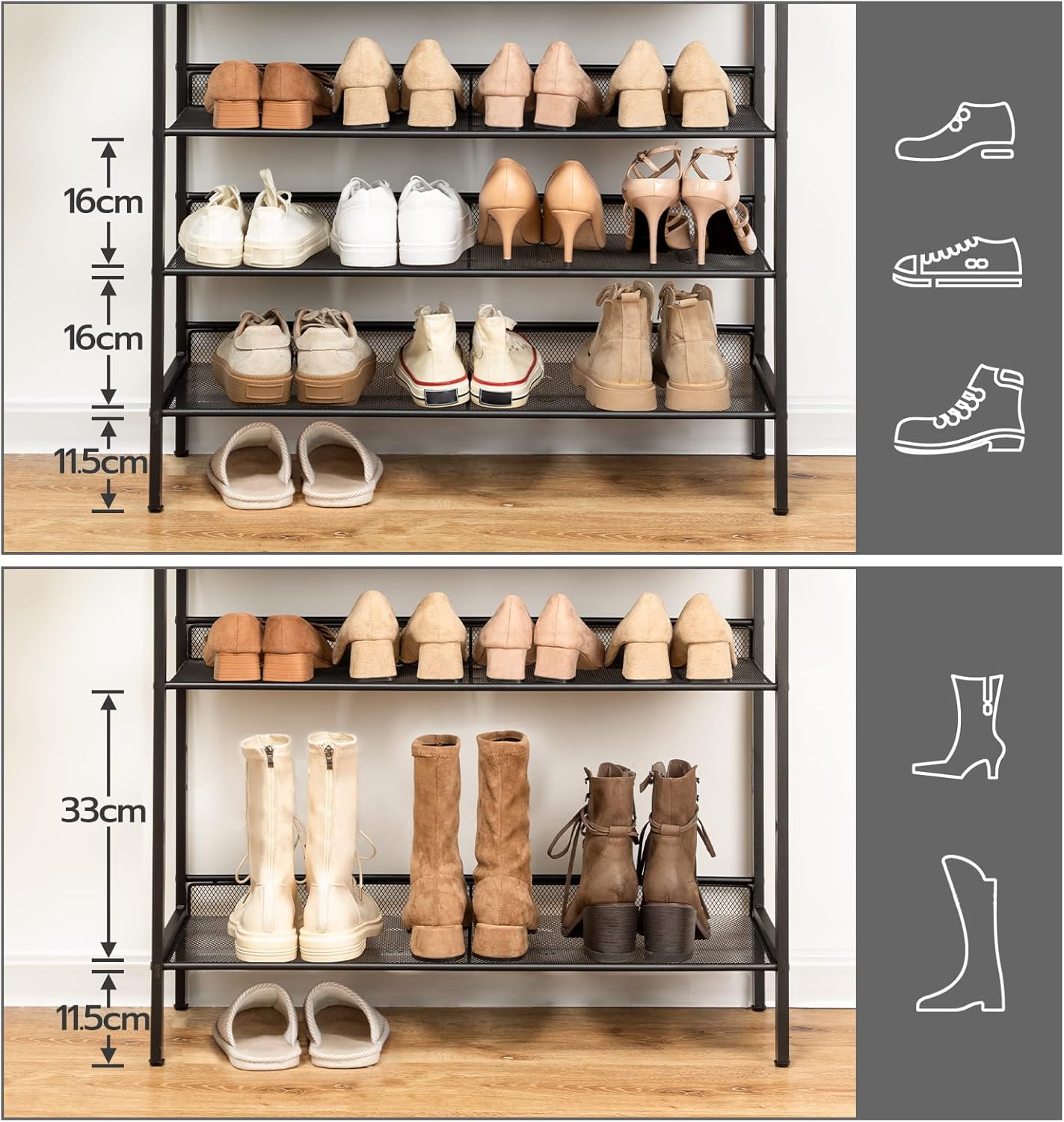 Schuhregal, 8 Ebenen, Schuhschrank, 7 verstellbares netzablage, für 24-32 Paar, Schuhregal Schmal Hoch, Braun-schwarz, HOOBRO, 2