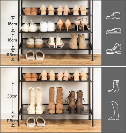 Schuhregal, 8 Ebenen, Schuhschrank, 7 verstellbares netzablage, für 24-32 Paar, Schuhregal Schmal Hoch, Braun-schwarz, HOOBRO, 2