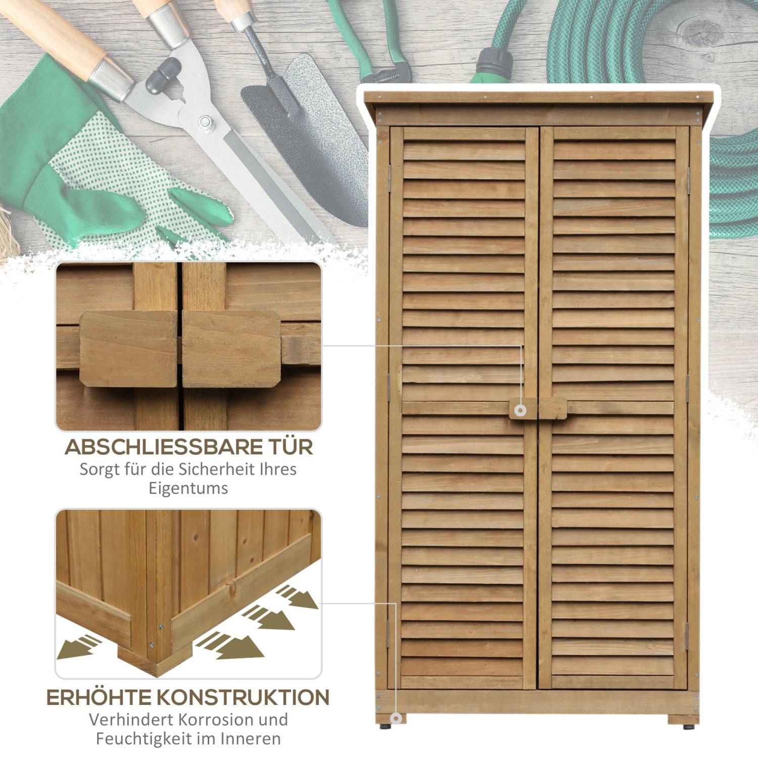 Outdoor schrank, Gartenschrank Holz, Terrassenschrank, Gerätehaus mit Pultdach, Bitumenpappe, Lamellentüren, Outsunny, 4
