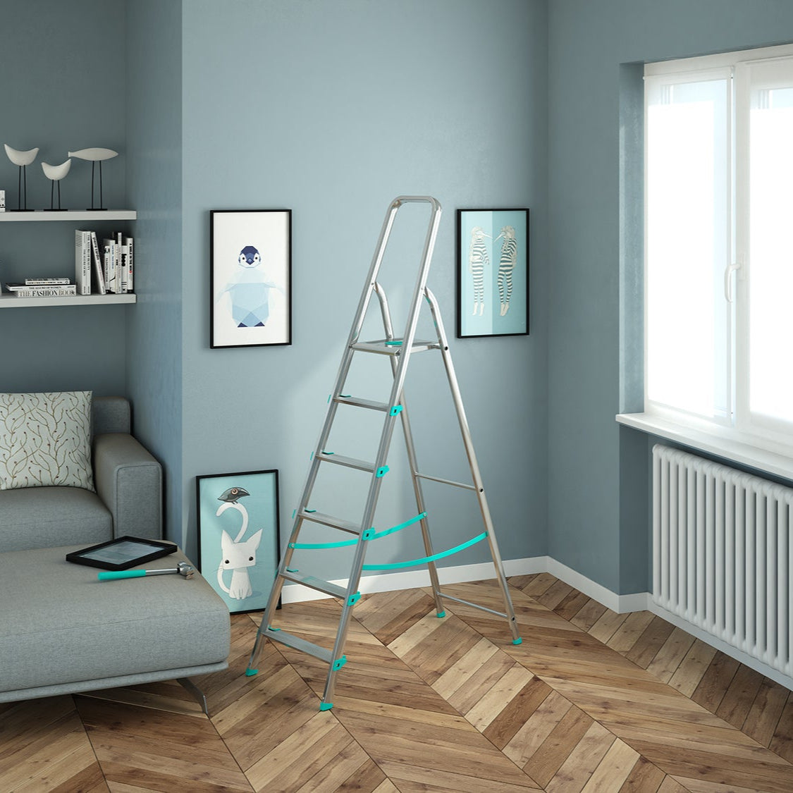 Trittleiter, Trittleiter 6 stufen, Trittleiter Klappbar, Höhe 129 cm,  Max, Belastbar 150 kg, Aluminium, Hergestellt in Italien, Colombo LIBELLULA 6 stufen, 2