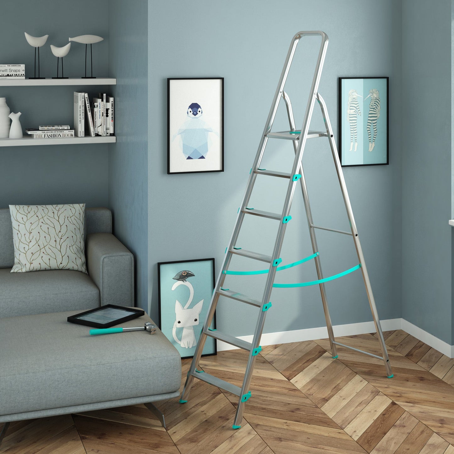 Trittleiter, Trittleiter 7 stufen, Trittleiter Klappbar, Höhe 152 cm,  Max, Belastbar 150 kg, Aluminium, Hergestellt in Italien, Colombo LIBELLULA 7 stufen, 2