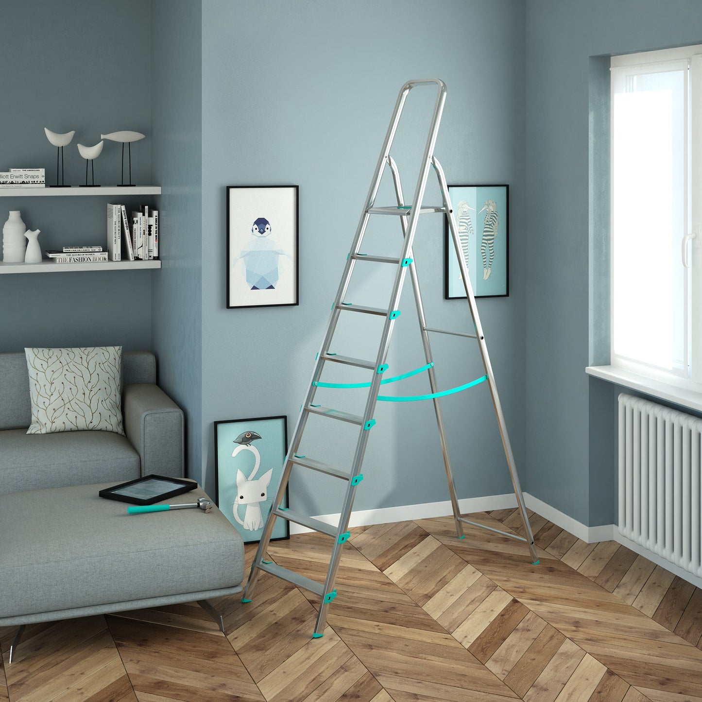Trittleiter, Trittleiter 8 stufen, Trittleiter Klappbar, Höhe 174 cm,  Max, Belastbar 150 kg, Aluminium, Hergestellt in Italien, Colombo LIBELLULA 8 stufen, 2