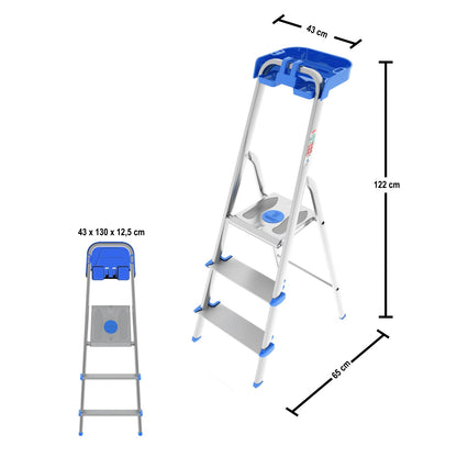Trittleiter 3 Stufen, Klappleiter Alu, Extragroßer Stufe 12cm, Stufenleiter, mit Ablageschale, Max. Belastbar 150kg, Aluminium, Colombo ATLANTICA - Trittleiter 3 Stufen, 6