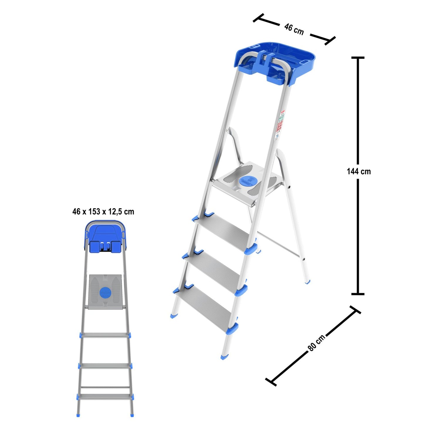 Trittleiter 4 Stufen, Klappleiter Alu, Extragroßer Stufe 12cm, Stufenleiter, mit Ablageschale, Max. Belastbar 150kg, Aluminium, Colombo ATLANTICA - Trittleiter 4 Stufen, 5