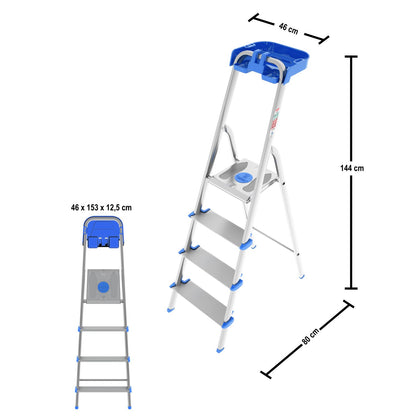 Trittleiter 4 Stufen, Klappleiter Alu, Extragroßer Stufe 12cm, Stufenleiter, mit Ablageschale, Max. Belastbar 150kg, Aluminium, Colombo ATLANTICA - Trittleiter 4 Stufen, 5