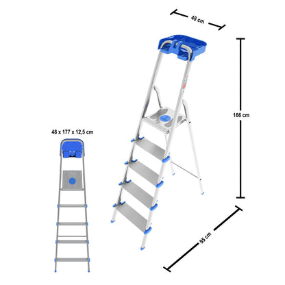 Trittleiter 5 Stufen, Klappleiter Alu, Extragroßer Stufe 12cm, Stufenleiter, mit Ablageschale, Max. Belastbar 150kg, Aluminium, Colombo ATLANTICA - Trittleiter 5 Stufen, 6