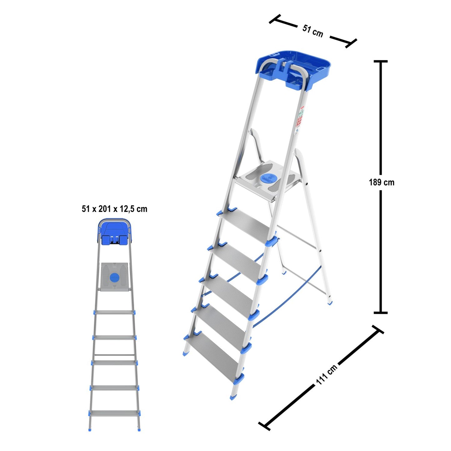 Trittleiter 6 Stufen, Klappleiter Alu, Extragroßer Stufe 12cm, Stufenleiter, mit Ablageschale, Max. Belastbar 150kg, Aluminium, Colombo ATLANTICA - Trittleiter 6 Stufen, 5