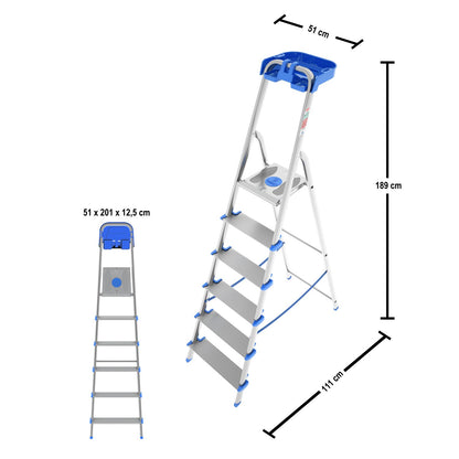 Trittleiter 6 Stufen, Klappleiter Alu, Extragroßer Stufe 12cm, Stufenleiter, mit Ablageschale, Max. Belastbar 150kg, Aluminium, Colombo ATLANTICA - Trittleiter 6 Stufen, 5