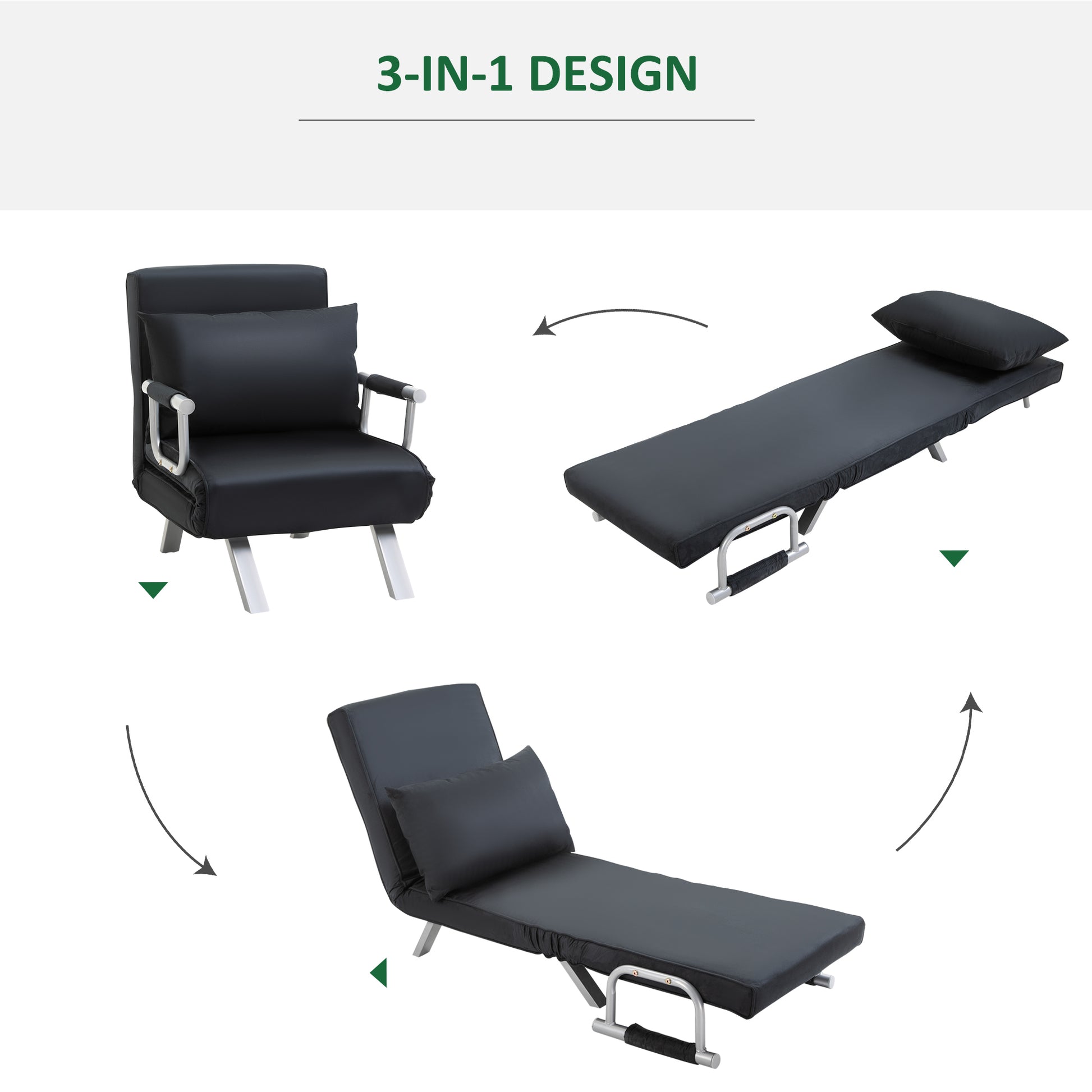 Schlafsofa, 2-in-1, mit verstellbarer Rückenlehne, abnehmbarem Bezug, Kissen, rostfrei, stabil, Polyester, Schwarz, HOMCOM, 2