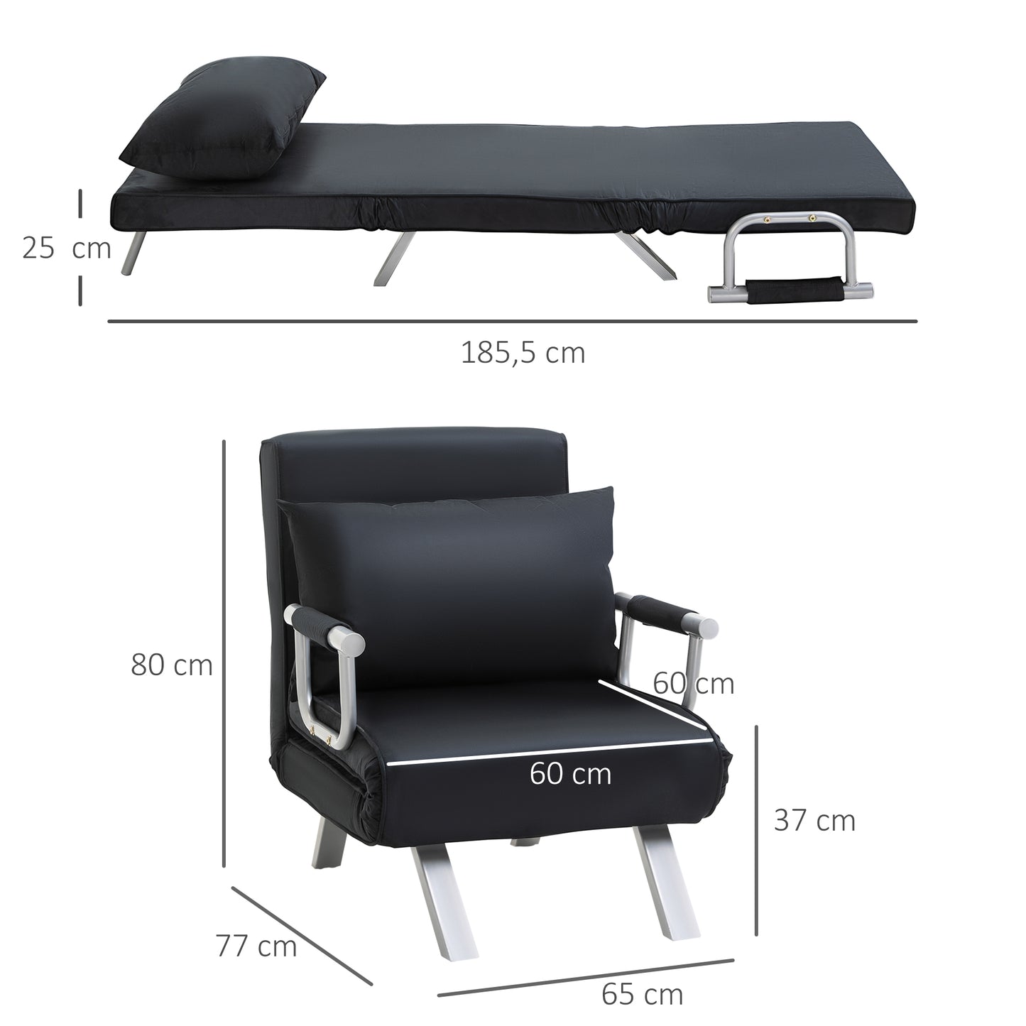 Schlafsofa, 2-in-1, mit verstellbarer Rückenlehne, abnehmbarem Bezug, Kissen, rostfrei, stabil, Polyester, Schwarz, HOMCOM, 3