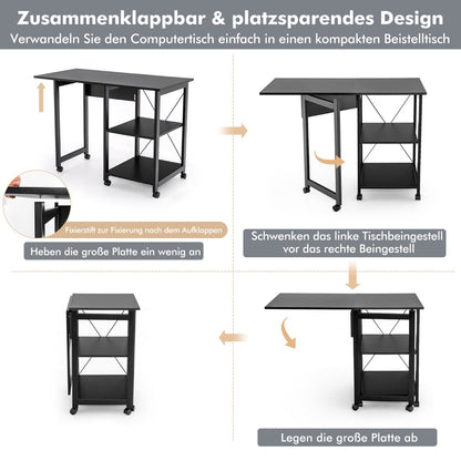 Schreibtisch, Computertisch, PC Tisch, Schreibtisch mit Stauraum, Schreibtisch Klappbar, mit 6 Rädern, Costway, 2