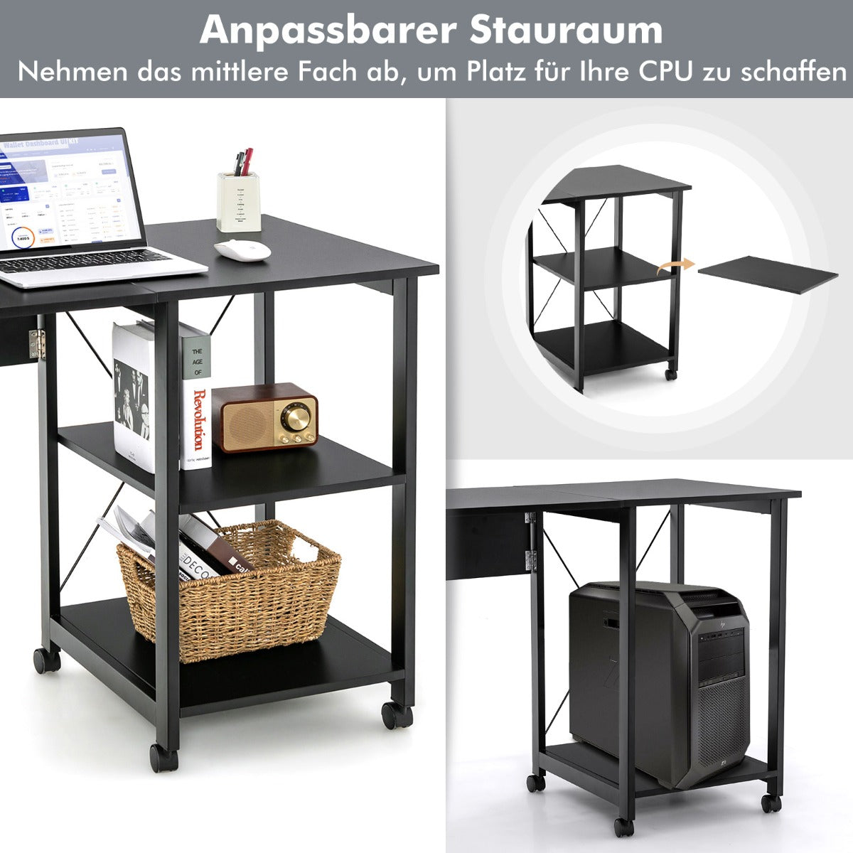 Schreibtisch, Computertisch, PC Tisch, Schreibtisch mit Stauraum, Schreibtisch Klappbar, mit 6 Rädern, Costway, 3