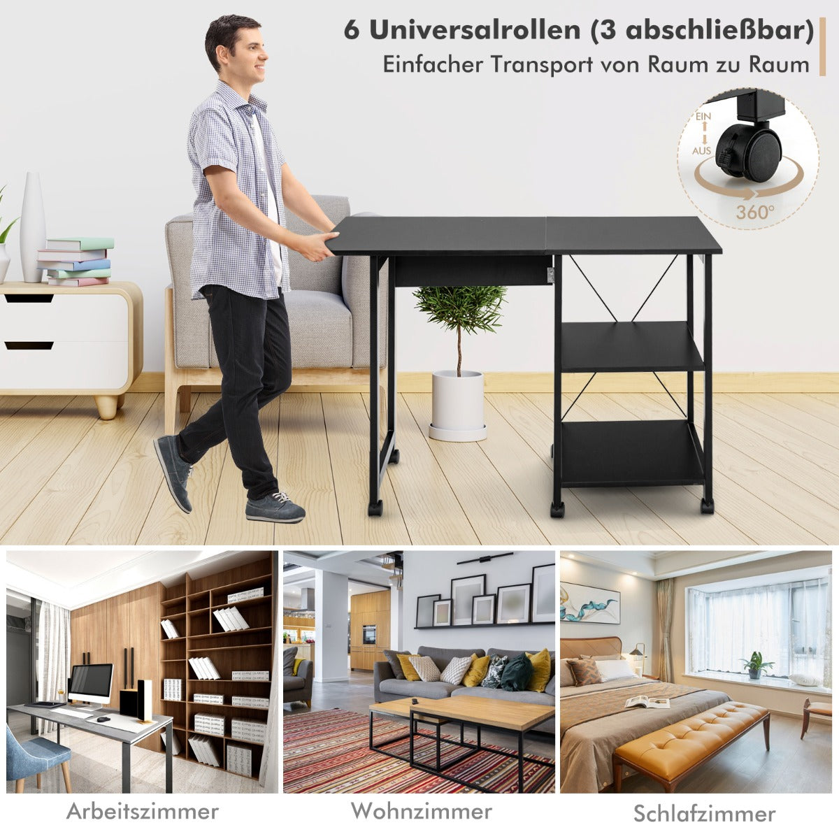 Schreibtisch, Computertisch, PC Tisch, Schreibtisch mit Stauraum, Schreibtisch Klappbar, mit 6 Rädern, Costway, 4