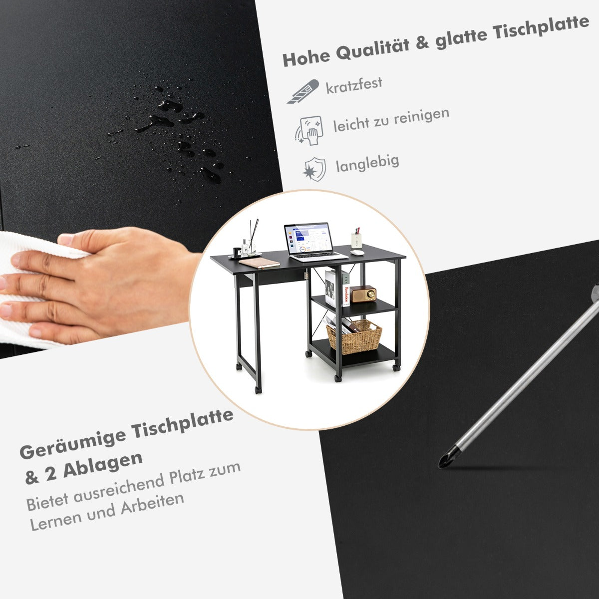 Schreibtisch, Computertisch, PC Tisch, Schreibtisch mit Stauraum, Schreibtisch Klappbar, mit 6 Rädern, Costway, 6