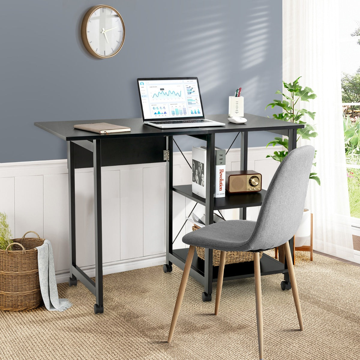 Schreibtisch, Computertisch, PC Tisch, Schreibtisch mit Stauraum, Schreibtisch Klappbar, mit 6 Rädern, Costway, 8