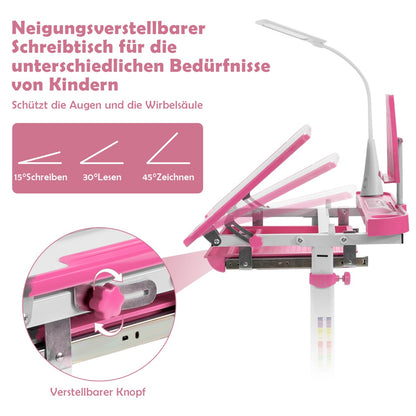 Schreibtisch Kinder, Kindertisch, Kinderschreibtisch Set, Tisch  Stuhl  mit Bücherständer, LED-Licht, Rosa, Costway, 4