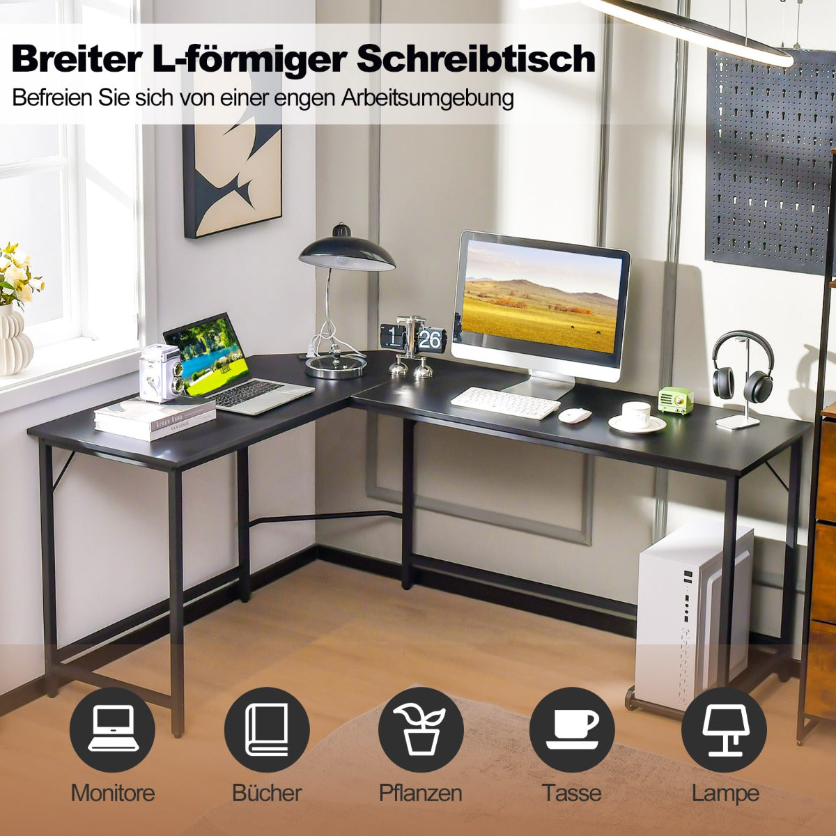 Schreibtisch L Form, Computertisch, PC Tisch, Schreibtisch groß, L Schreibtisch, mit Steckdose & CPU-Ständer, Costway, 2