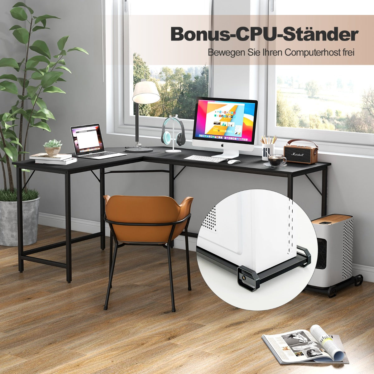 Schreibtisch L Form, Computertisch, PC Tisch, Schreibtisch groß, L Schreibtisch, mit Steckdose & CPU-Ständer, Costway, 6