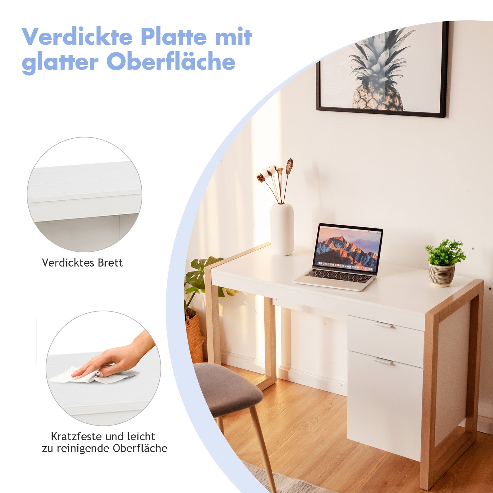 Schreibtisch, Schreibtisch mit Schublade, Kleiner Schreibtisch, Schreibtisch weiß mit Schubladen, Costway, 5