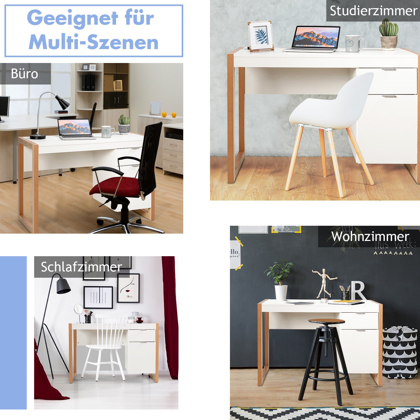Schreibtisch, Schreibtisch mit Schublade, Kleiner Schreibtisch, Schreibtisch weiß mit Schubladen, Costway, 7