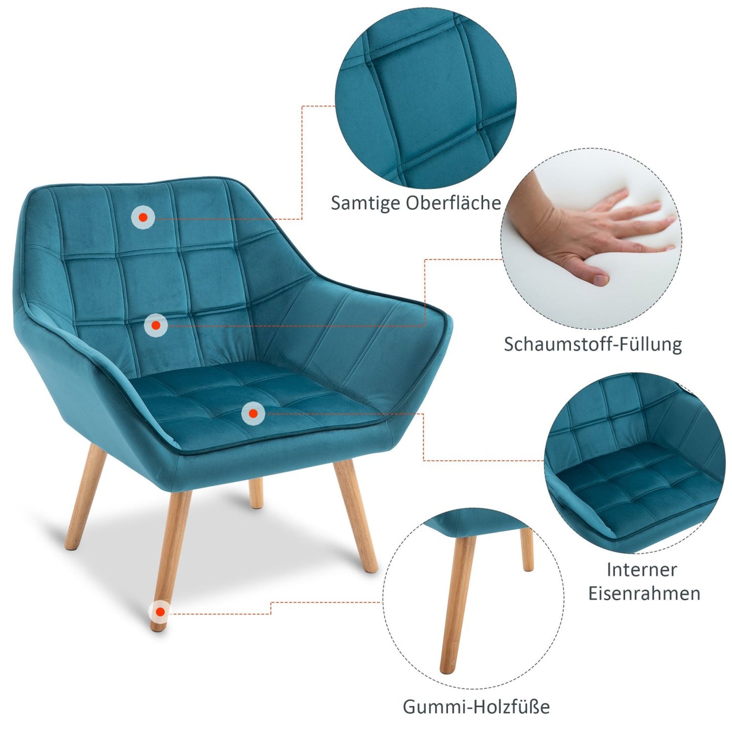Sessel Modern, Einzelsessel, TV Sessel, Ohrensessel Relaxsessel, Samt, erhöhte Beine, HOMCOM, 3