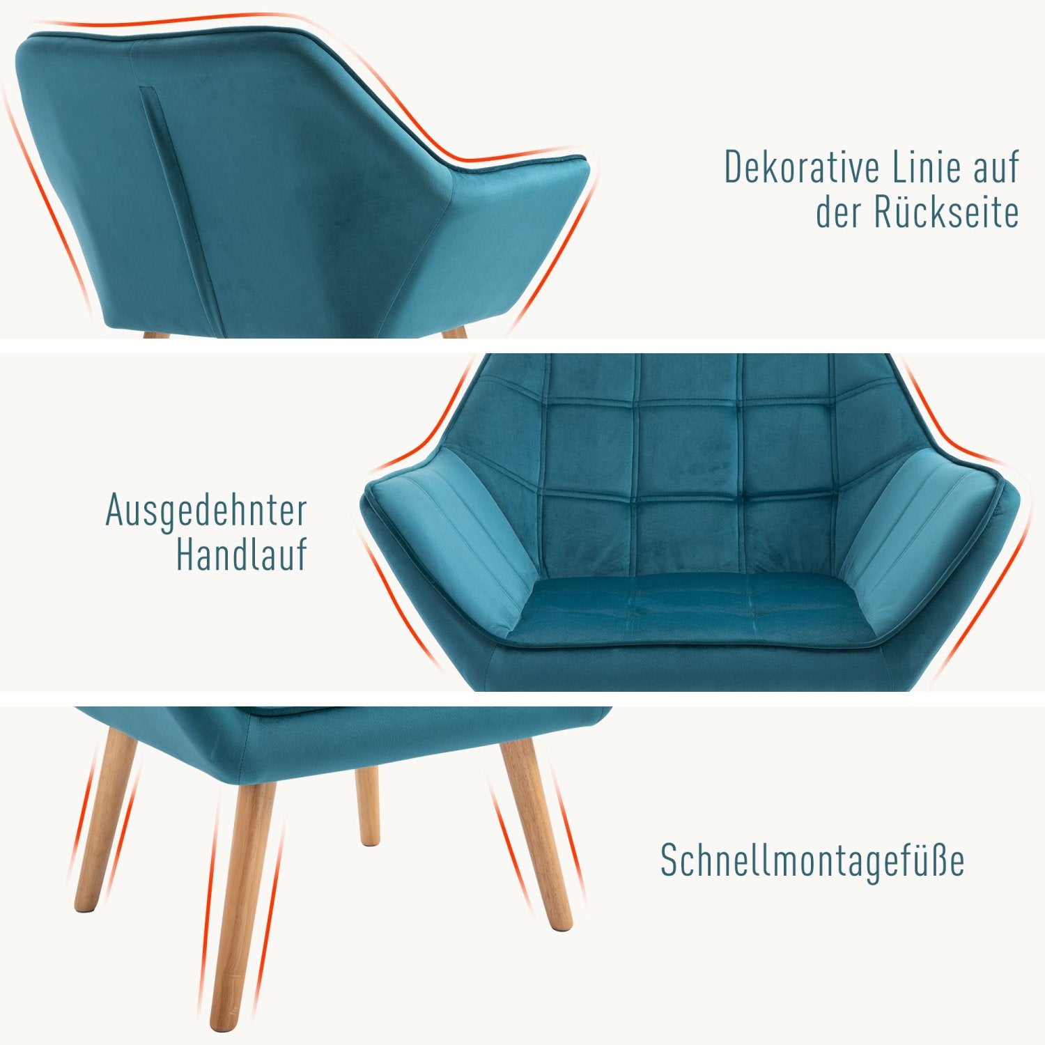 Sessel Modern, Einzelsessel, TV Sessel, Ohrensessel Relaxsessel, Samt, erhöhte Beine, HOMCOM, 4