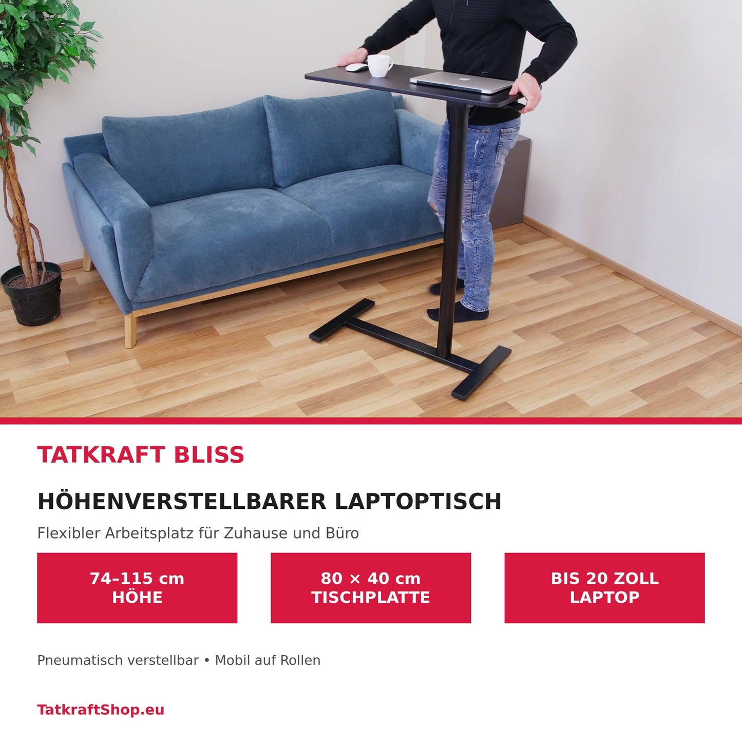 Tatkraft Bliss höhenverstellbarer Laptoptisch 74–115 cm für Zuhause und Büro